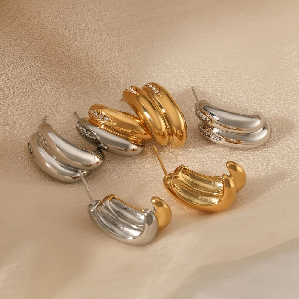 Vintage Two-tone Double C-shape Stud Earrings Polished 18K Gold Plated Mini Zircon Ear Hoops Simple Versatile Jewelry Wholesale