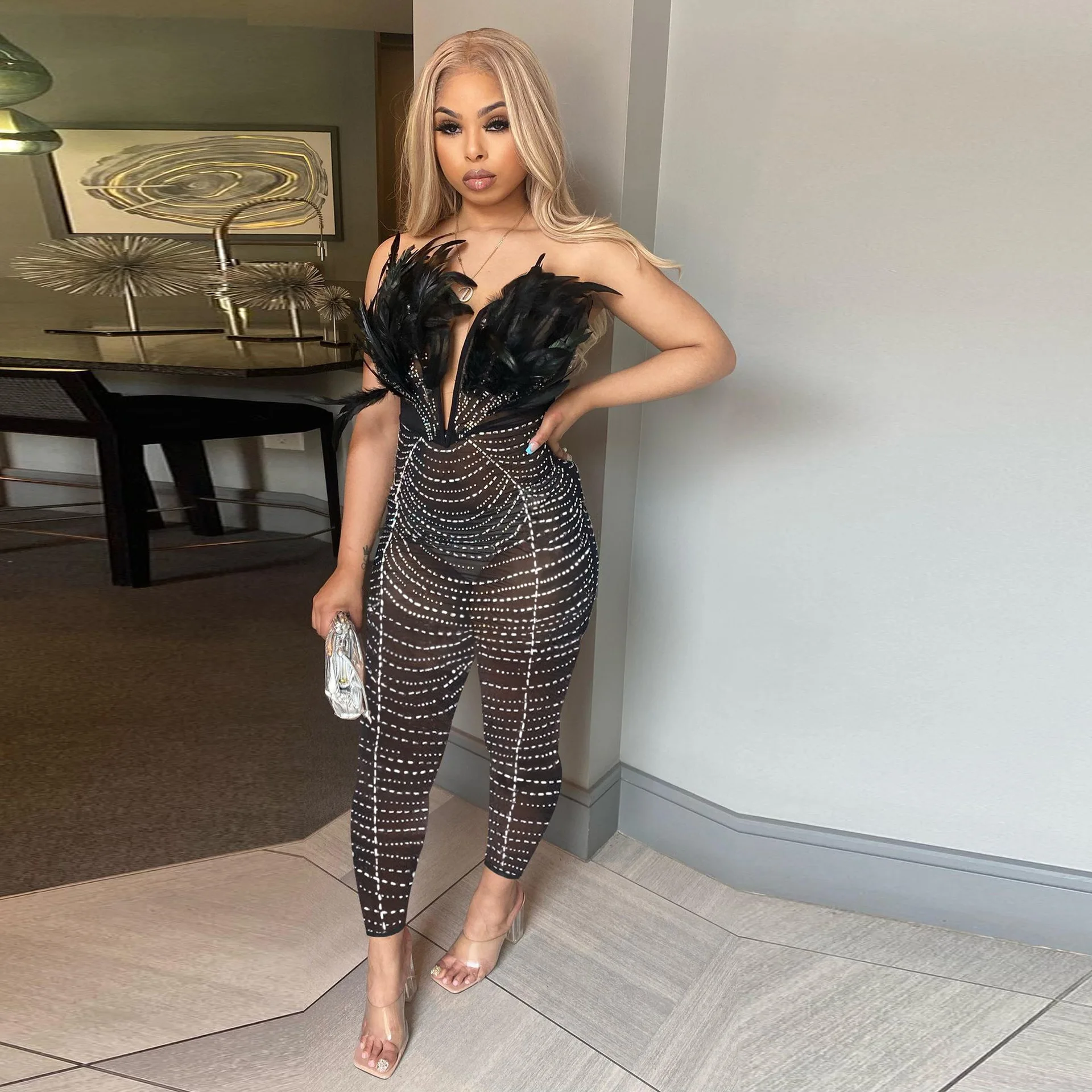 

Feather Off The Shoulder Deep V-neck Mesh See Though Rhinestone Jumpsuits 2023 Women Sexy Party Nightclub Prom Corset Jumpsuit