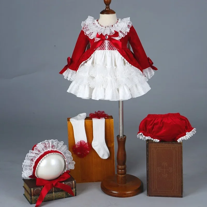 4pcs/set Red Velvet Autumn Winter Girl Vintage Spanish Dress Pompom Ball Princess Dress Lolita Christmas Party for Girl girls dress princess costume