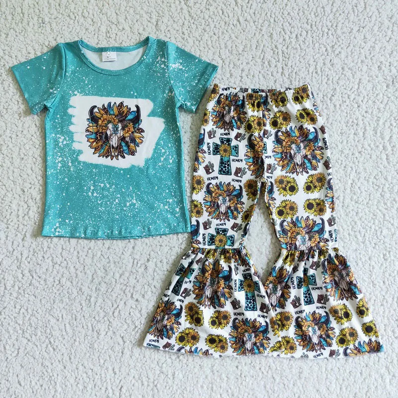 

Toddler Arrivals Spring Fall Fashion Baby Girls Blue Bull Head Sunflower Print Suit Wholesale Boutique Children Outfit