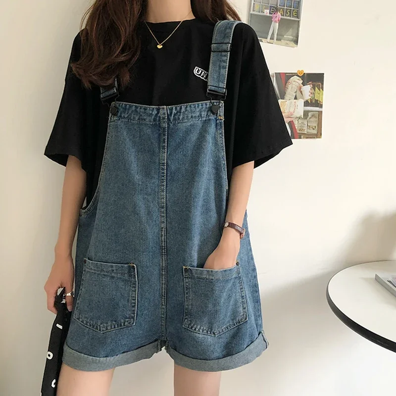 

Rompers Short Playsuits for Women Denim Jumpsuit Korean Style Baggy Vintage Jeans Blue Overalls Short Pants Y2k Female Clothes