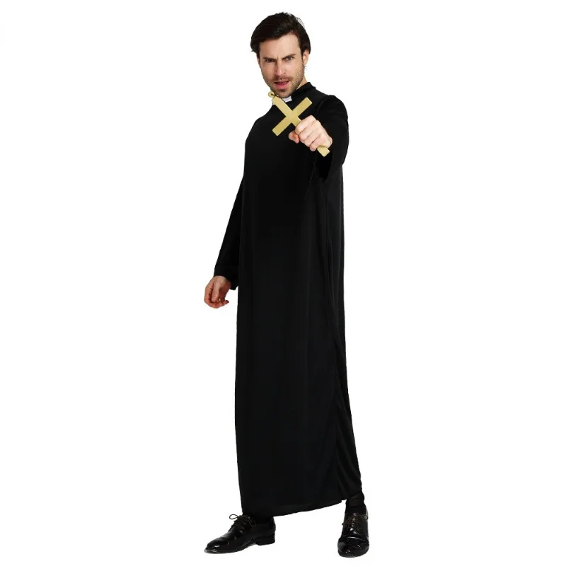 Cosplay costume men festival costume set halloween cloak costume Adults All Black Robe Godfather Role Playing Costume with cross pastor missionaries Halloween Costume stage performance