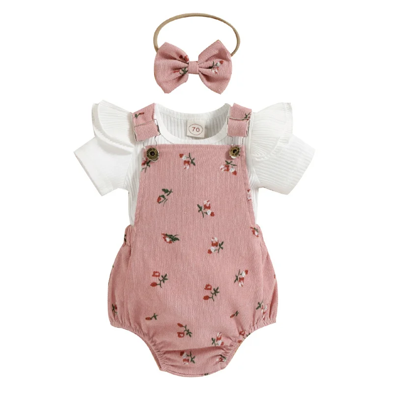 Baby Clothing Set best of sale Infant Baby Girl Summer Clothes, Solid Color Fly Sleeve Round Neck Tops + Flower Pattern Suspender Jumpsuit +Bow Headband, 0-18M baby floral clothing set Baby Clothing Set