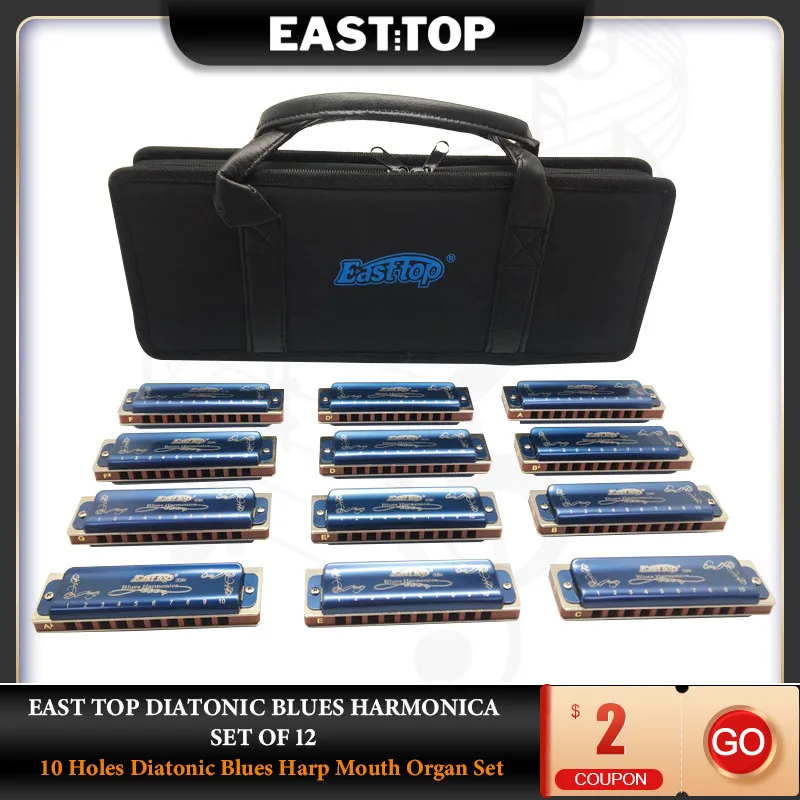 set mouth organ in one case EAST TOP 10hole blues harps harmonica set T008K-12 