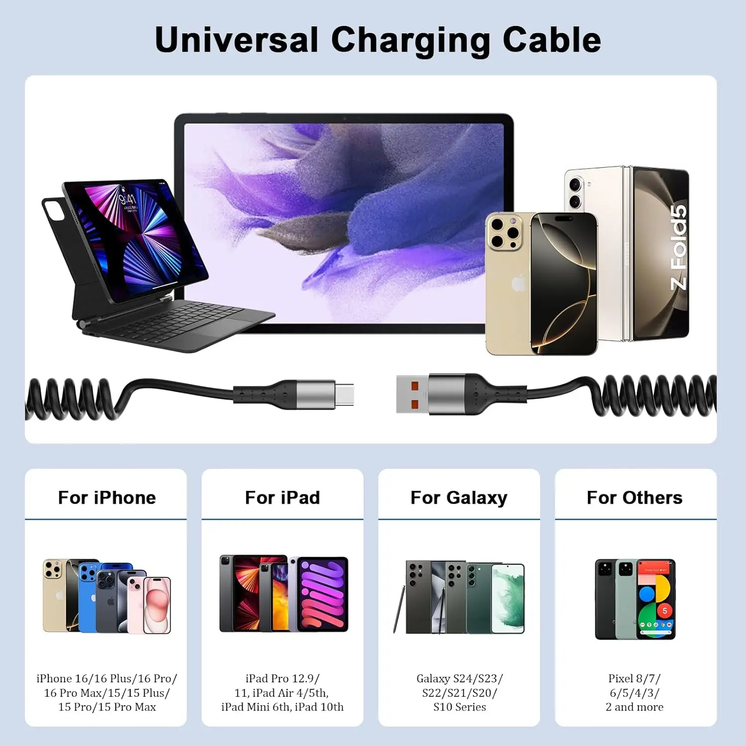 아이폰 16/16 Plus/16 Pro/16 Pro용 스파이럴 CarPlay 케이블 2팩, 차량용 CarPlay USB to USB-C 스파이럴 케이블
