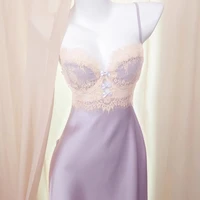 Vintage Pajamas Female Sexy Nightgown Lace Ice Silk Side Split Pure Small Breasts Nightdress with Chest Pad Ladies Nighties