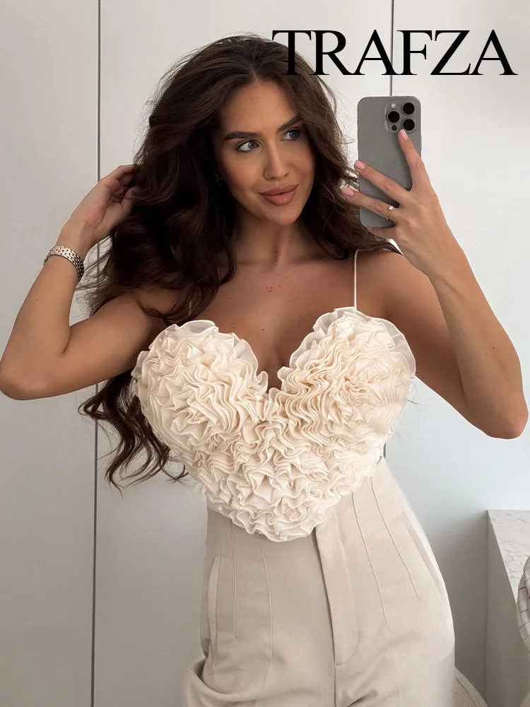 TRAFZA Sexy Women's Heart Shape Puffy Short Top Trendy Spaghetti Straps Backless Waist Women's Side Hook Street Camisole Top