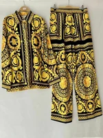 Chemise à manches longues imprimée de luxe pour femme, costume deux pièces ample, pantalon droit élastique, décontracté, printemps et été 2024 4