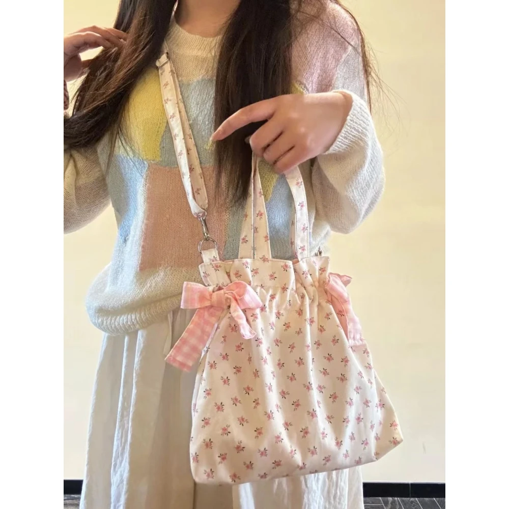 Borsa a Spalla Semplice e Graziosa, Grande Capacità, Stampa alla Moda con Fiocco, Borsa a Mano in Tela Sottobraccio - immagine 3