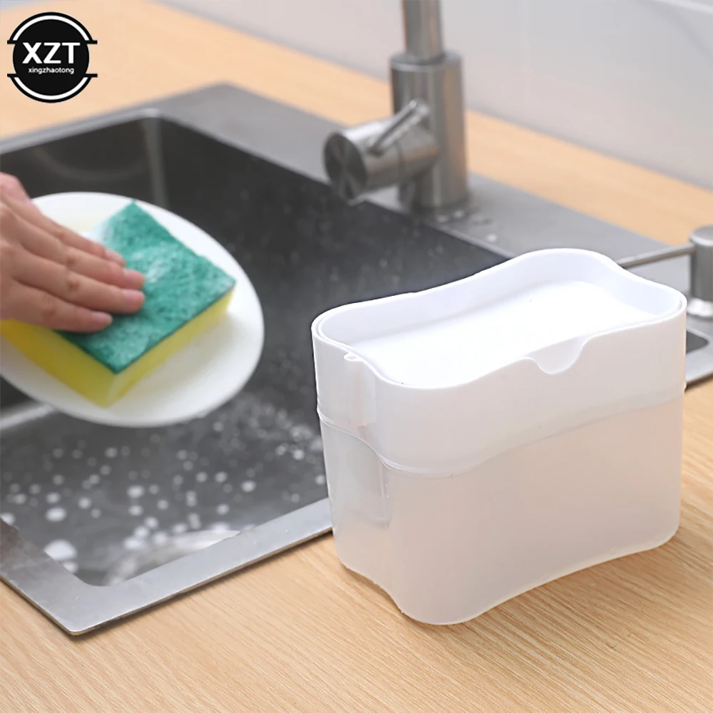 2 in 1 Scrubbing Liquid Detergent Dispenser Press-Type Liquid Soap Box Pump Organizer Sponge Kitchen and Bathroom Tools