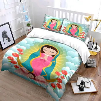 Our Lady of Guadalupe Bedding Set Cartoon Virgin Mary Print Duvet Cover Pillowcases Religious Style Bed Linen for Kids Bedroom 1