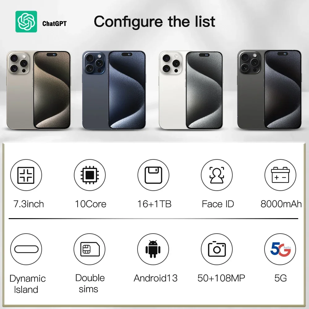 I16promax Ʈ ۷ι  ޴, 7.3 ġ HD Ǯ ũ, 50MP, 108MP, HD ī޶, 4G, 5G, 16TB, 1TB ޸, 8000mAh ͸