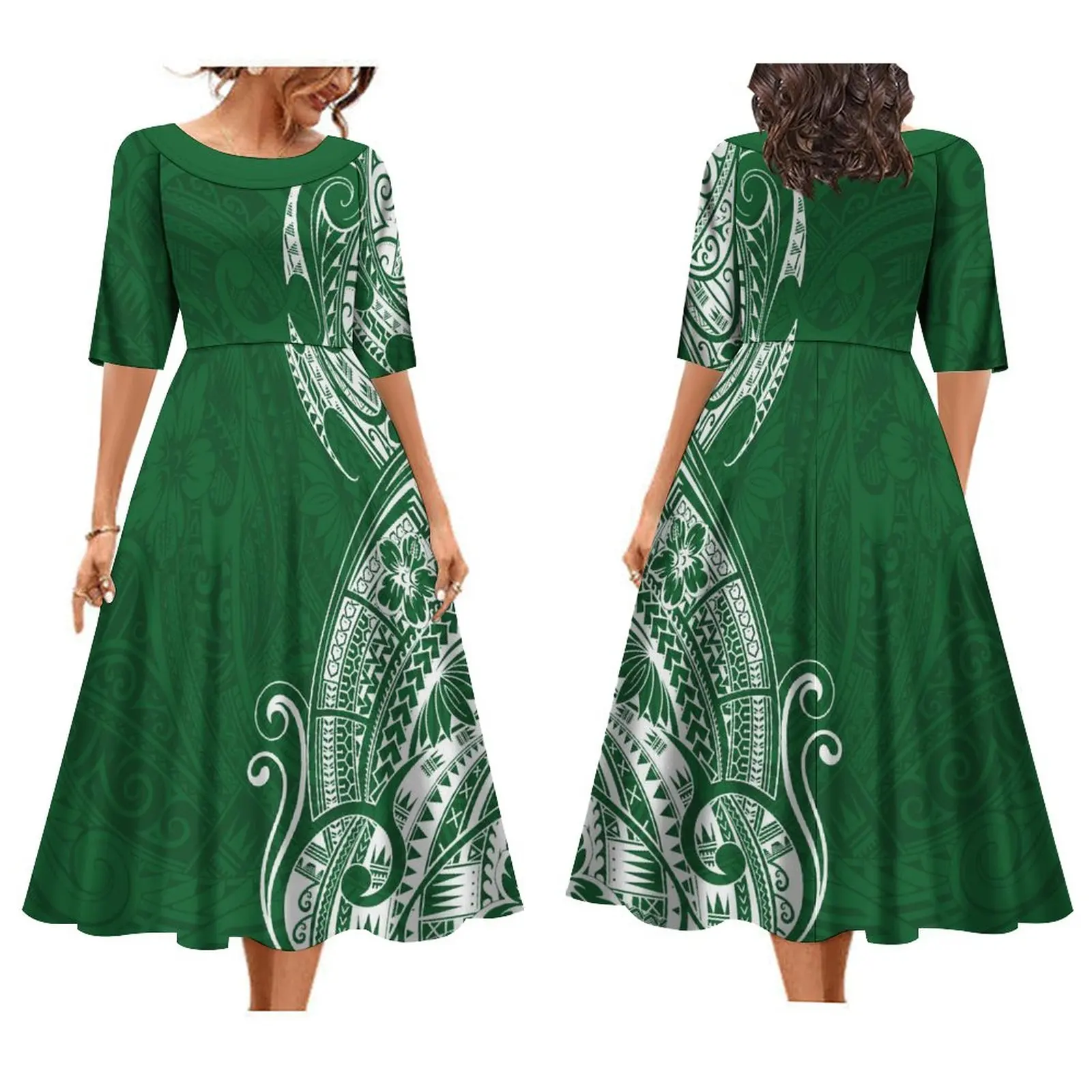 

Polynesian Custom Ladies Long Dress High Quality Banquet Dress Fluffy Skirt Vintage Design Pattern Print Summer Short Sleeves