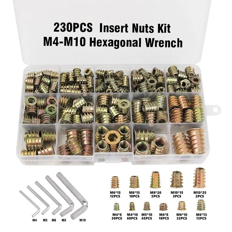230PCS Assorted Nut Bolt Flanged Hex Drive Head Furniture Nuts M4 M6 M8 M10 Zinc Alloyl Thread for Wood Zinc Alloy Insert Sets