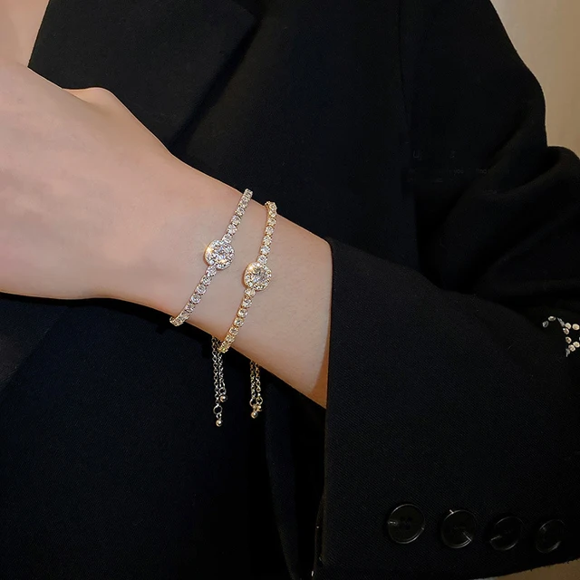 Full of Rhinestones Adjustable 18K Gold Plated Stainless Steel Bracelet For Women - Image 2