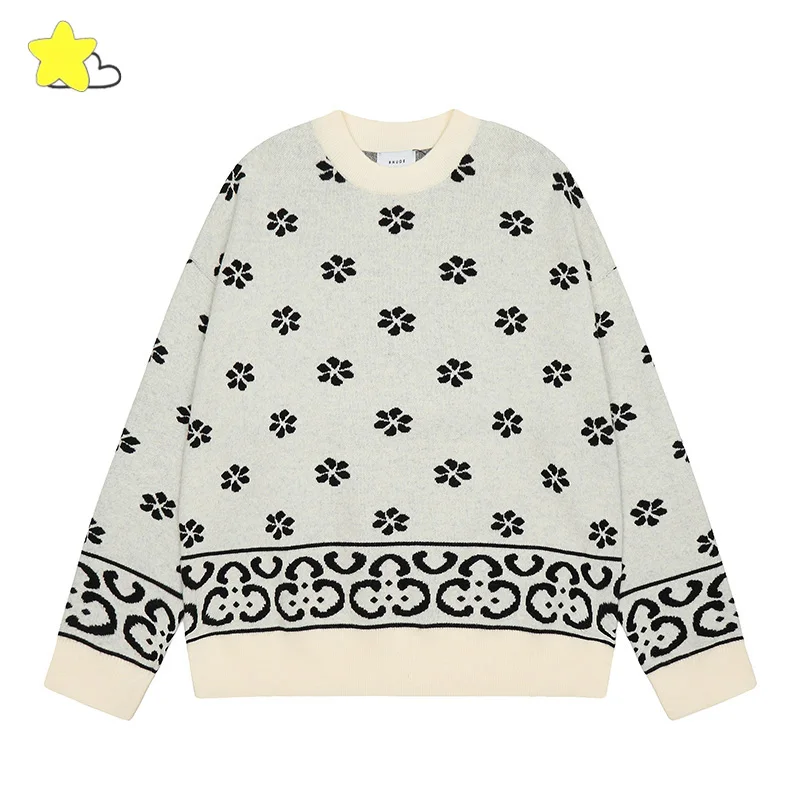 

Men Women Vintage Casual Full Cashew Jacquard Rhude Knit Sweater Men Women 1:1 Oversized Crewneck Pullover Fashion Sweatshirts