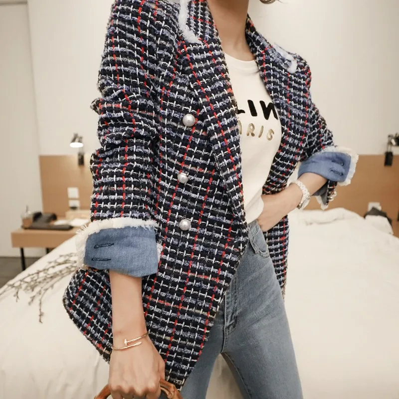 

High Quality Nice Winter Women Plaid Tweed Coat Office OL Wool Blends Double Breasted Long Sleeve Jacket Casaco Feminino