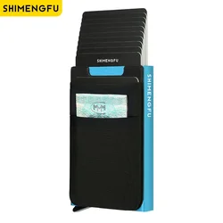 Slim RFID Blocking Metal Wallet with Automatic Pop - up Card Case and Elastic Back Pouch (S123 Blue)