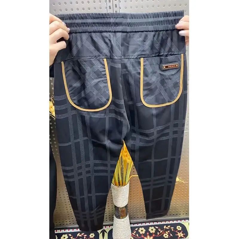 Quick Drying Trousers Summer New Men's Color Patchwork Elastic Printing Pockets Drawstring Trendy Loose Young Style Pencil Pants