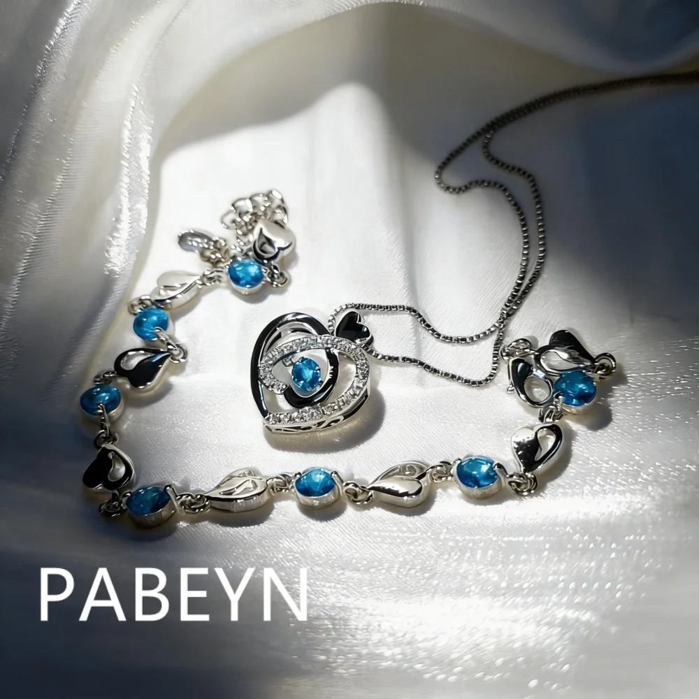  세련되고 절묘한 파란색과 흰색 크리스탈 지르콘 사랑 목걸이 팔찌 세트 생일 ..