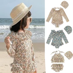 New summer children's swimsuit with lemon print girls sunbathing one-piece swimsuit children's long-sleeved ruffle swimsuit