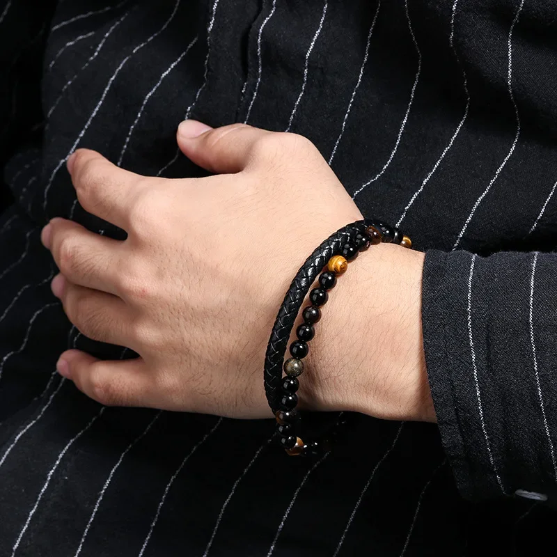 

Light luxury natural stone beaded cowhide leather rope bracelet for men, bangle