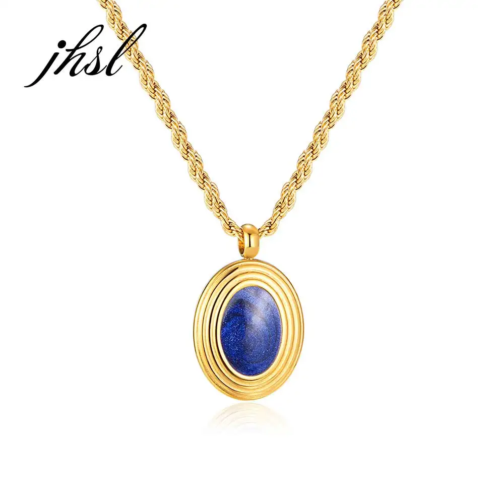 

JHSL уникальный дизайн, Женская яркая синяя овальная подвеска, многослойное ожерелье из нержавеющей стали, золотого цвета, цепочка, модные драгоценности