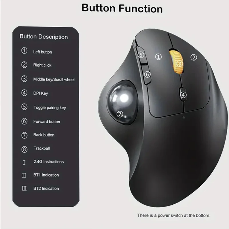 Mouse Trackball Recarregável sem Fio 2.4g Plus Bluetooth Ergonômico Fácil Controle do Polegar Jogos Computador - Imagem 6