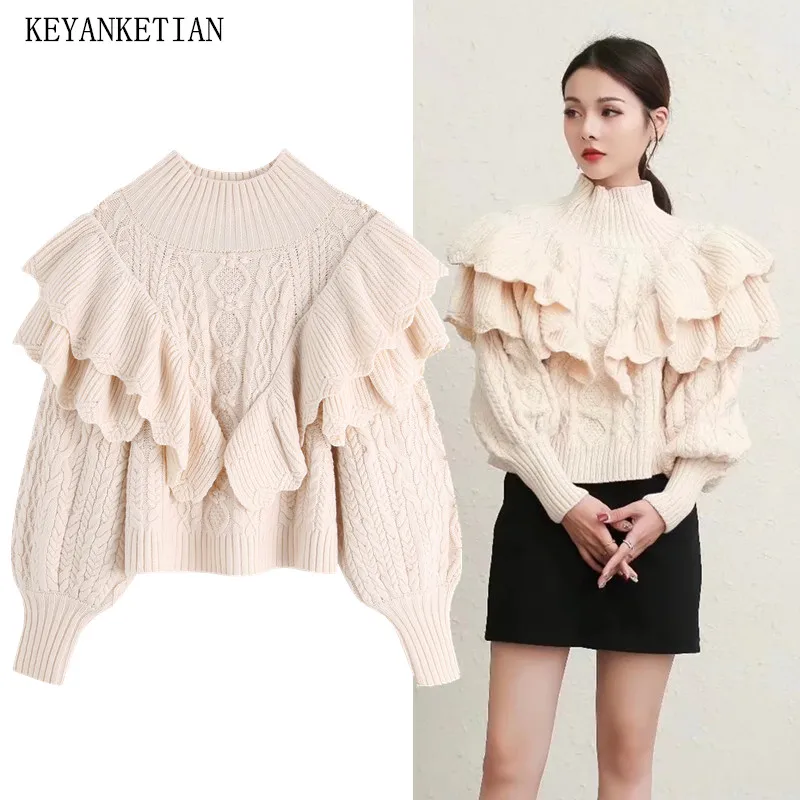 

KEYANKETIAN Winter New Women Layered Ruffle Trim Thick Sweater Pullover Sweet Lantern Sleeve Mock Neck Apricot Knitted Crop Top