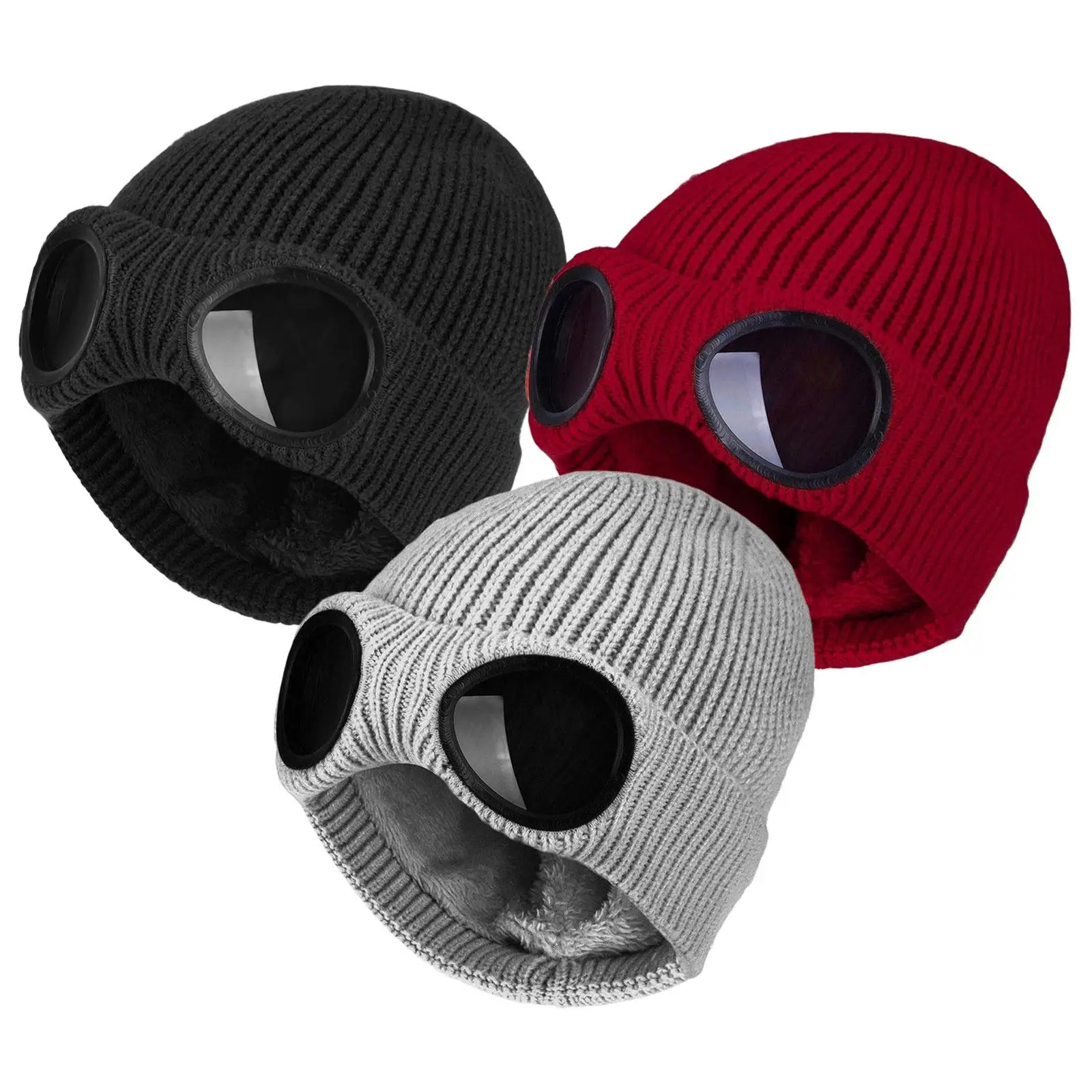 Fashion Knit Hats Thermal Solid Color Beanie, with Goggles Windproof Soft Headwear Skiing Caps for Men Women Unisex