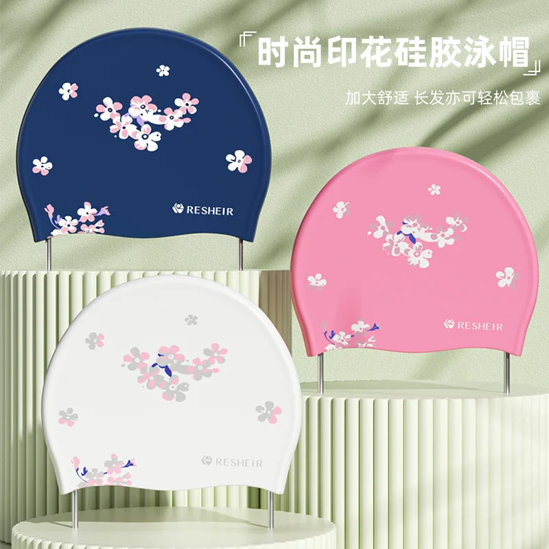 Printed Silicone Swimming Caps for Women Waterproof Women Long Hair Enlarged Swim Caps Swimming Hat Swimming Pool Accessories 4