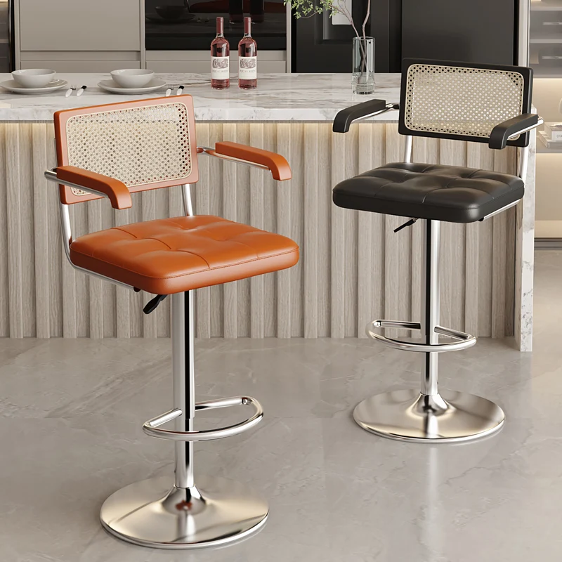 Luxe Retro Bar Seat Adjustable Rattan Backrest Chair Swivel Front Desk Checkout Foot Stool Home Kitchen Island Dining Seat