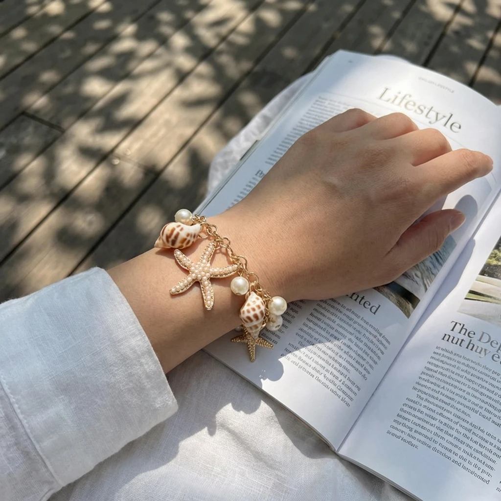 Böhmisches Armband im Ozeanstil für Damen, goldfarben, mit Seestern, Muschel und simulierter Perle, Handkette, Urlaubsgeschenk