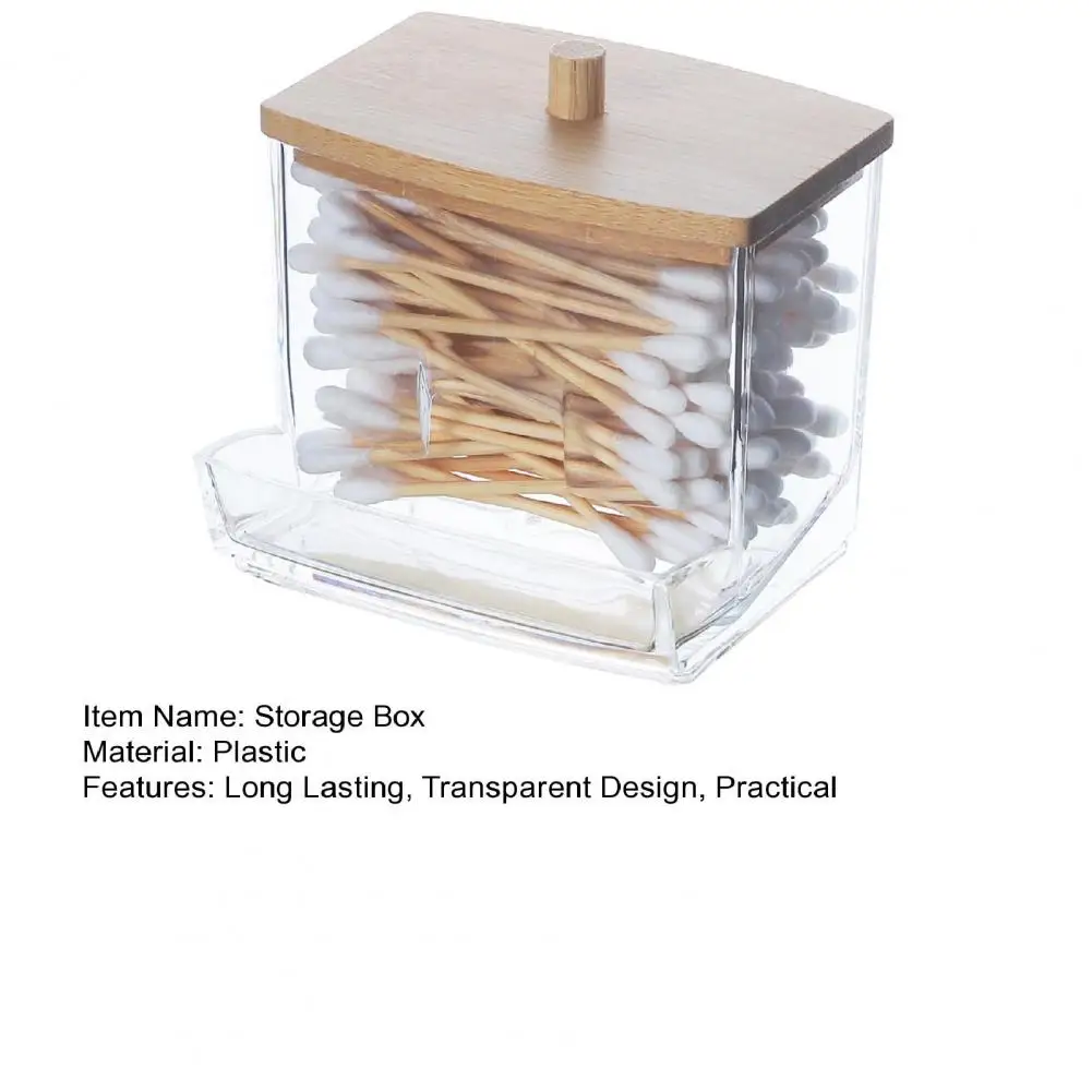 Transparent Storage Box Cotton Swab Organizer With Wooden Lid Large Capacity Dustproof Floss Picks Cotton Balls Holder Bathroom