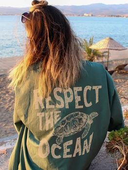 Respect The Ocean Green Turtle Print T-Shirts Women Casual Fashion T Shirt Breathable Cotton Short Sleeve O-Neck Street Clothing 1