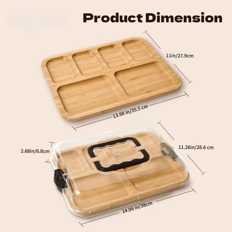 Wooden Cheese Board Snack Tray With Grid Fruit Bento Box Picnic Box Tray For Outdoor Travel Camping Vacations 6