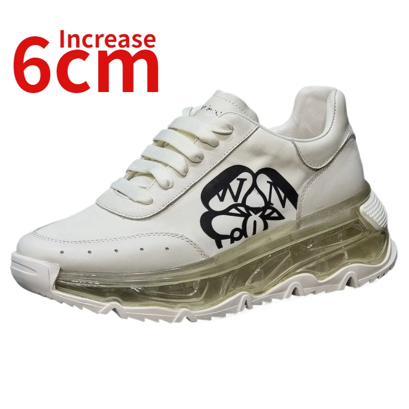 

Genuine Leather White Sneaker Comfortable Dad's Shoes for Men Increase 6cm Sports Casual Shoe Thick Bottom Height Elevated Shoes