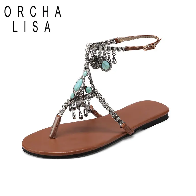 

ORCHA LISA Design Women New Leisure Roman Retro Flip-flops Flats Sandals Daily Metal Decoration Crystal Plus Size 44 45 46 47 48