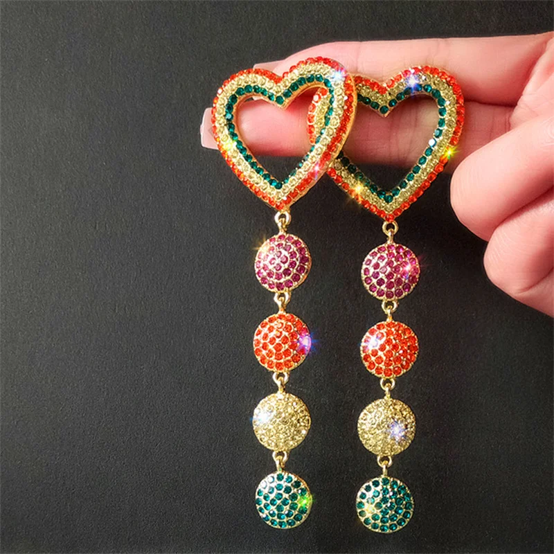 FYUAN Sweet Love Heart Earrings Ladys Long Tassel Colorful Rhinestone Dangle for Women Jewelry Gifts | Украшения и аксессуары