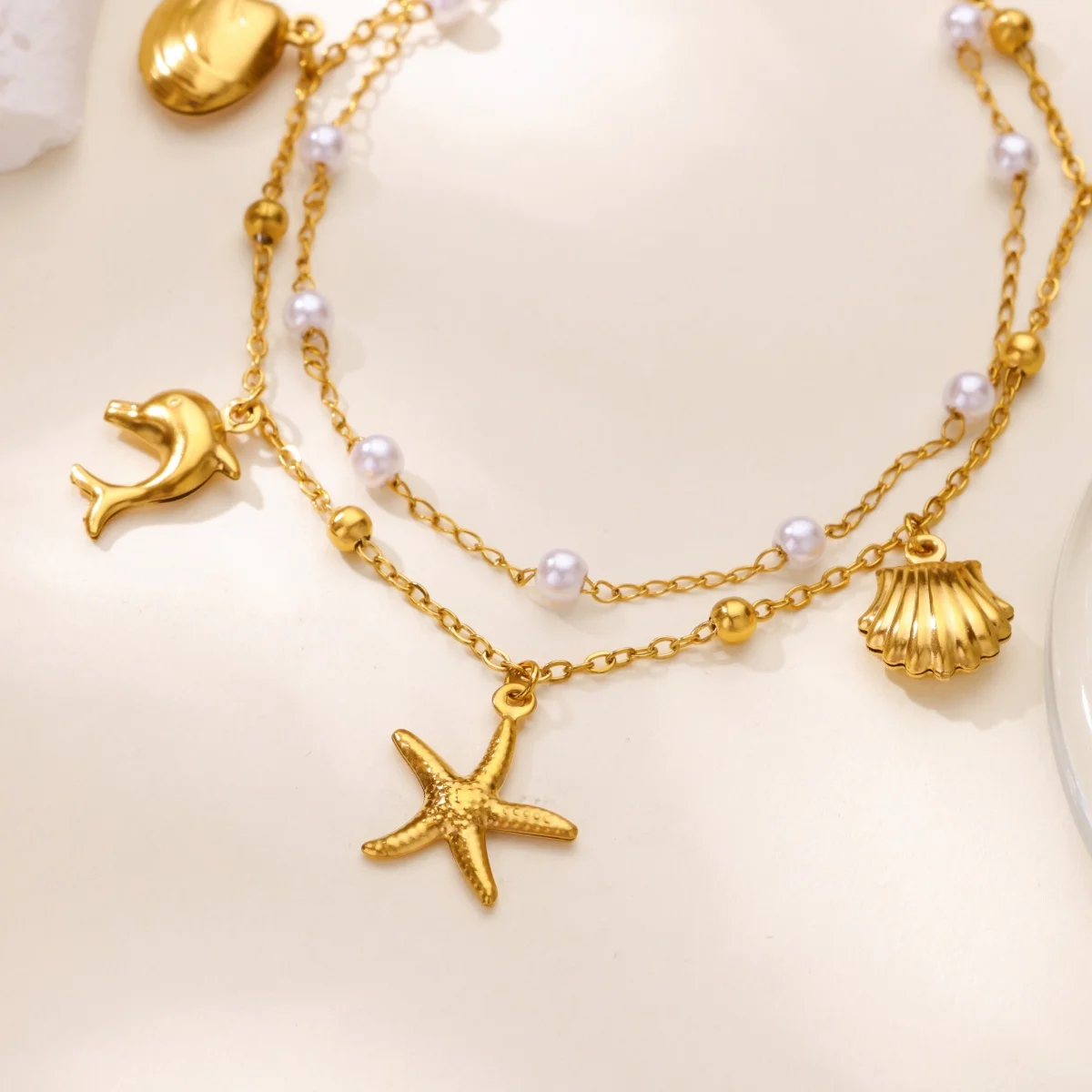 Starfish Shell Anklet For Women Gold Color Stainless Steel Pearls