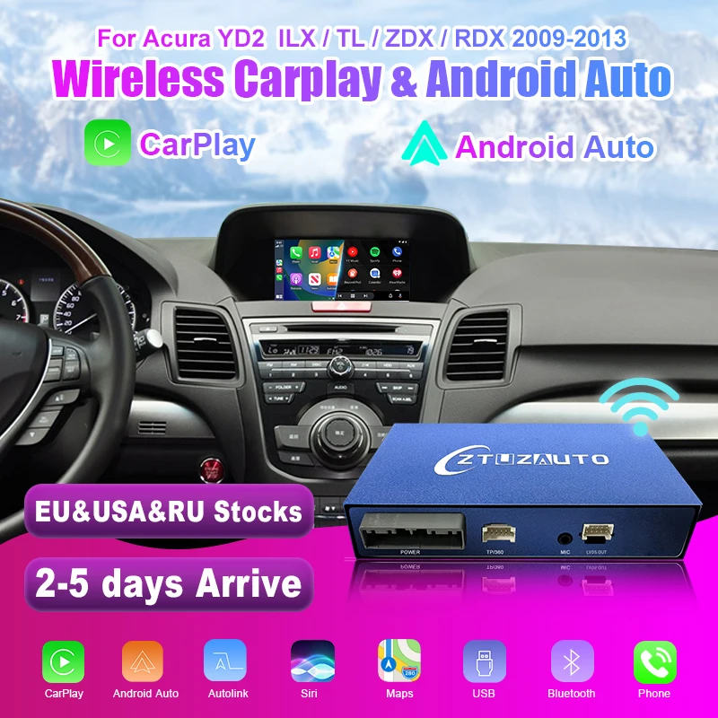 무선 카플레이 및 안드로이드 오토 박스, ACURA RDX TL ILX ZDX 2009-2013 미러 링크 USB 플레이어, 지지대 전면 및 후면 AHD 카메라