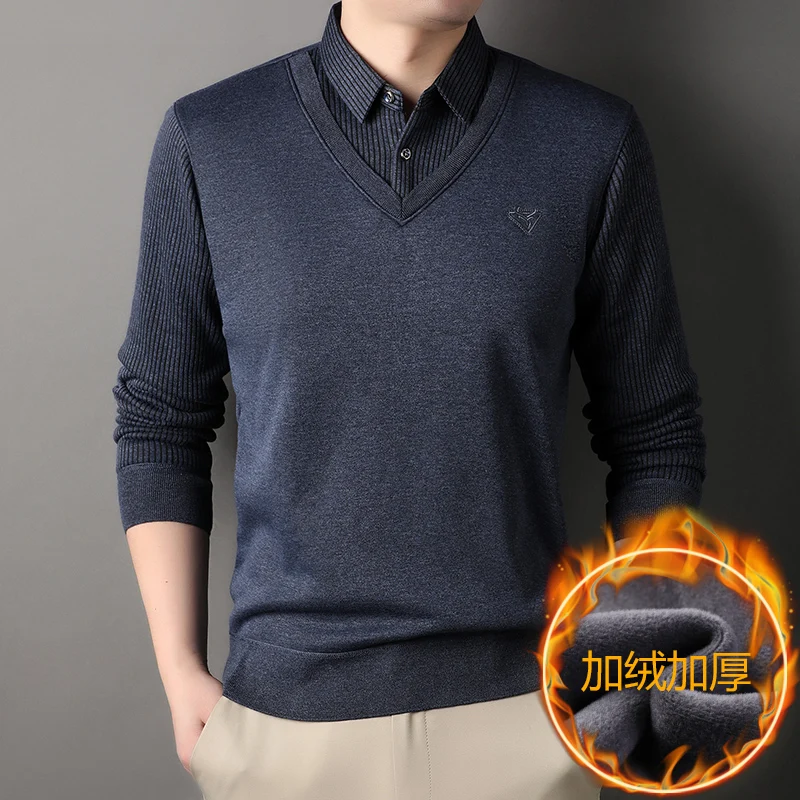 Autumn and winter men's fake two knitted cardigans with shirt collar coat men's sweater