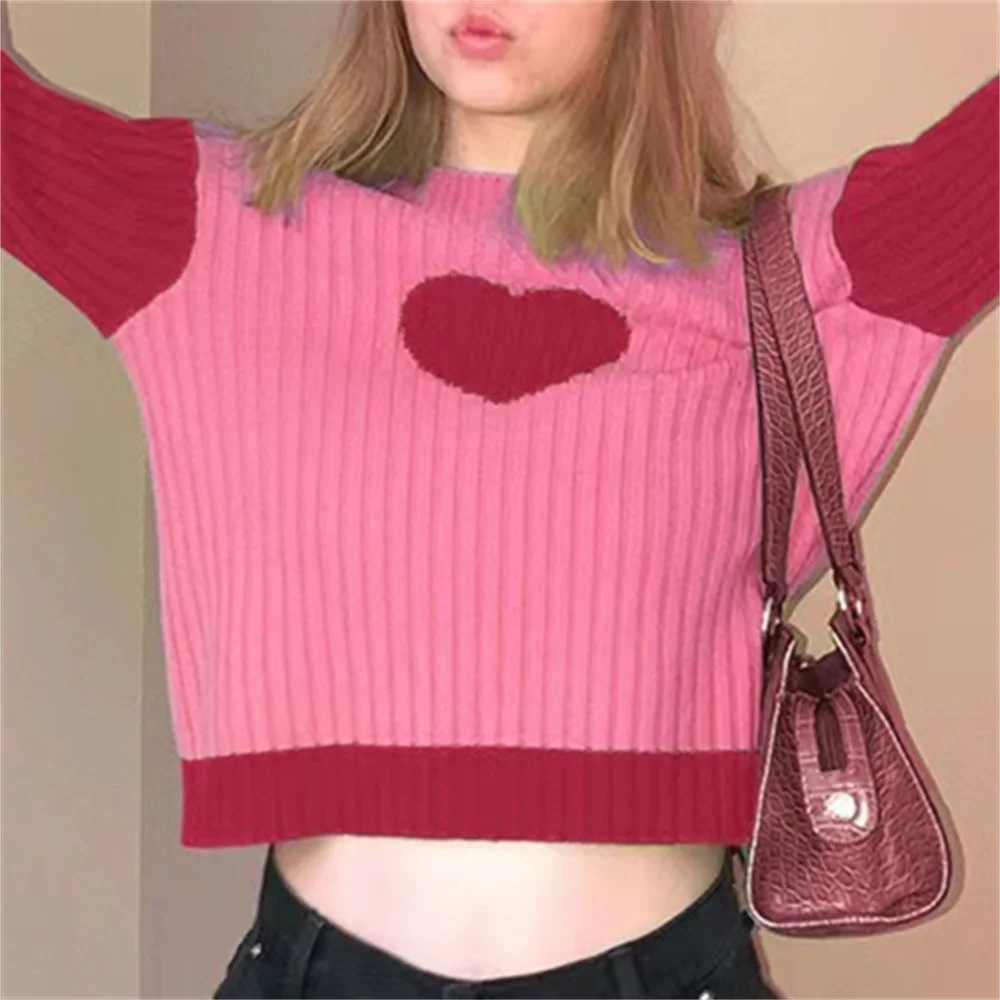 

Sweet Heart Jacquard Sweater Knitted Pullovers Long Sleeve Top Knitwears Splicing Contrast Color Women Jerseys Jumper Pull Femme