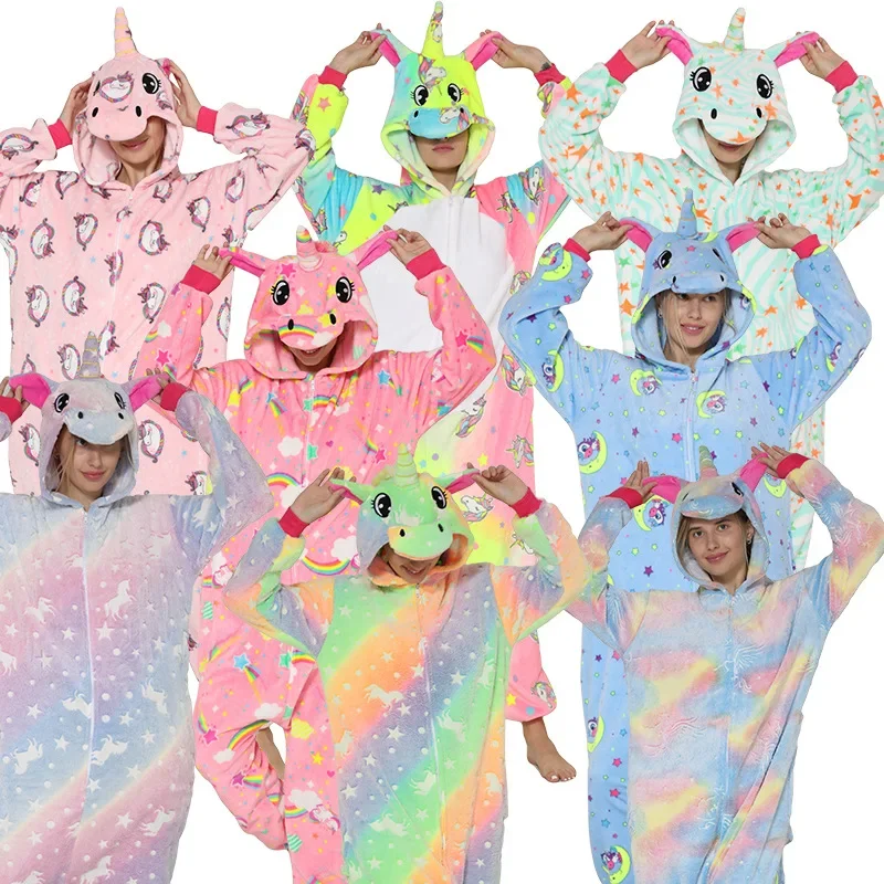 Adults Panda Pajamas Unicorn Onesie Women Sleepwear Lion Nightwear Mens Overalls Winter Animal Kigurumi Cosplay Hooded Pyjamas