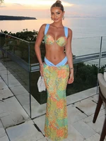 Weird Puss Summer Vacation 2 Piece Set Women Colorful Print Bra Tops+High-Waist Hollow Maxi Skirts Matching Midnight Clubwear - Image 4