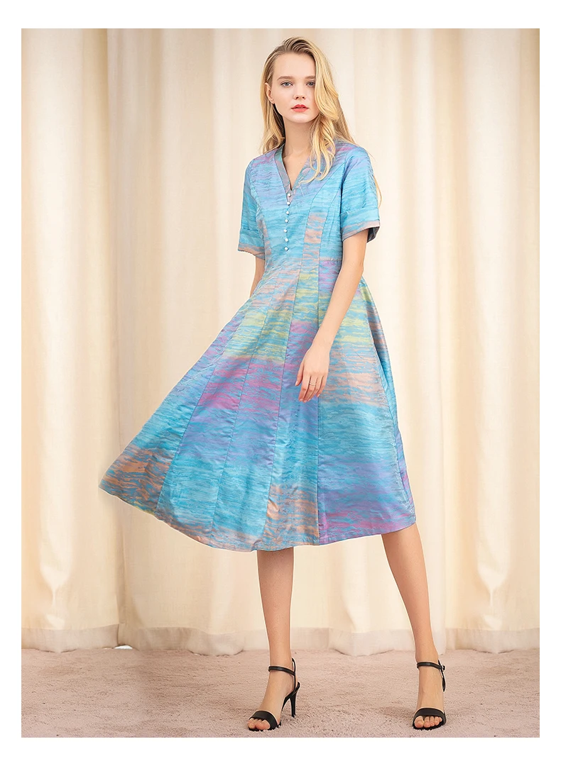 Clearance Sale】Silk Yarn-dyed Jacquard V-neck High Waist Slim Pleated Dress  Summer Short Sleeve High Quality Dresses Women A171 - AliExpress
