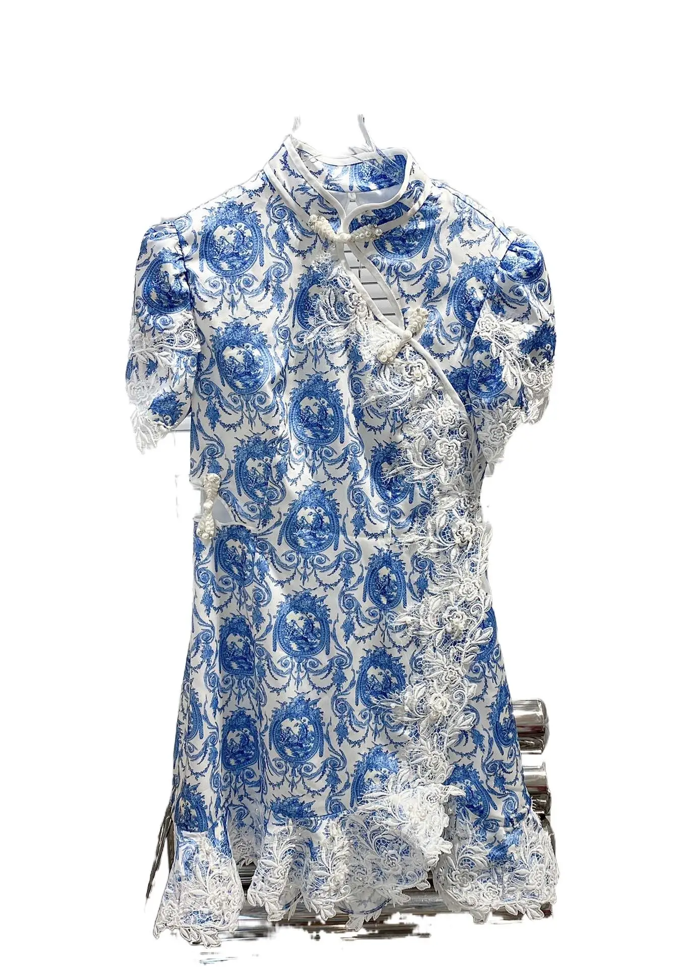 

2023 Women's Clothing New Blue and White Porcelain Plate Buckle Lace Dress