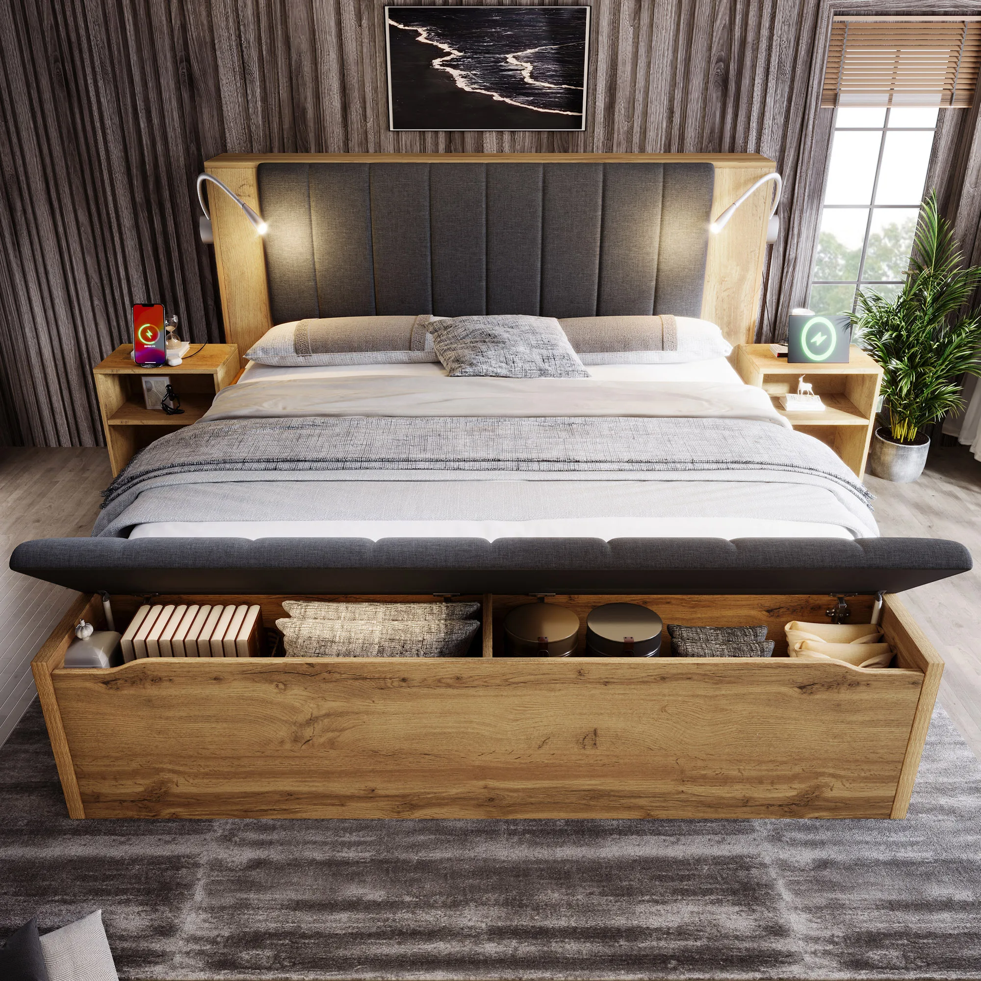 Doppelbett 160 x 200 cm mit Kopfteil aus Leinenstoff, ausklappbarem Kopfteil, Nachttischen mit Stauraum, Bank, USB-Lampen, Lattenrost aus Eichenholz – Detail 11