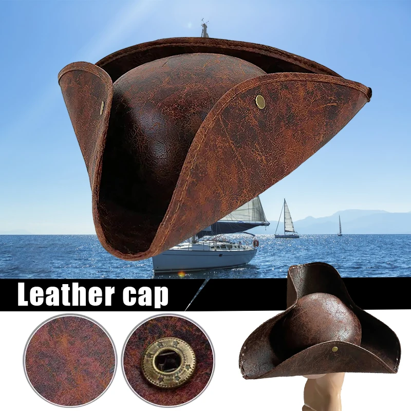Christmas Captain Hat Pirate Distressed Tricorn Hat Masquerade Party Cosplay Vintage Faux Leather Pirate Costume Accessories