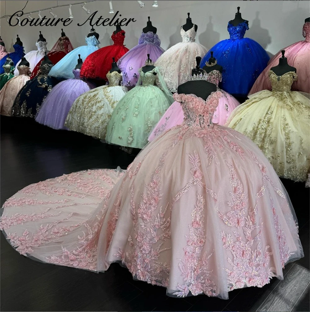 

Pink Shinny Sequined Lace Applique Quinceanera Dress Ball Gown Lace Up Graduation Gown quinceanera de 15 anos Beaded Sweet 16